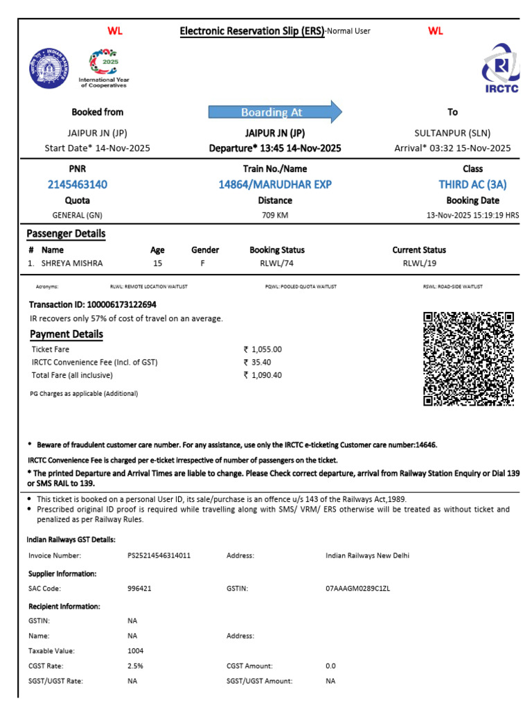 14864/MARUDHAR EXP Third Ac (3A) : WL WL | PDF | Identity Document ...