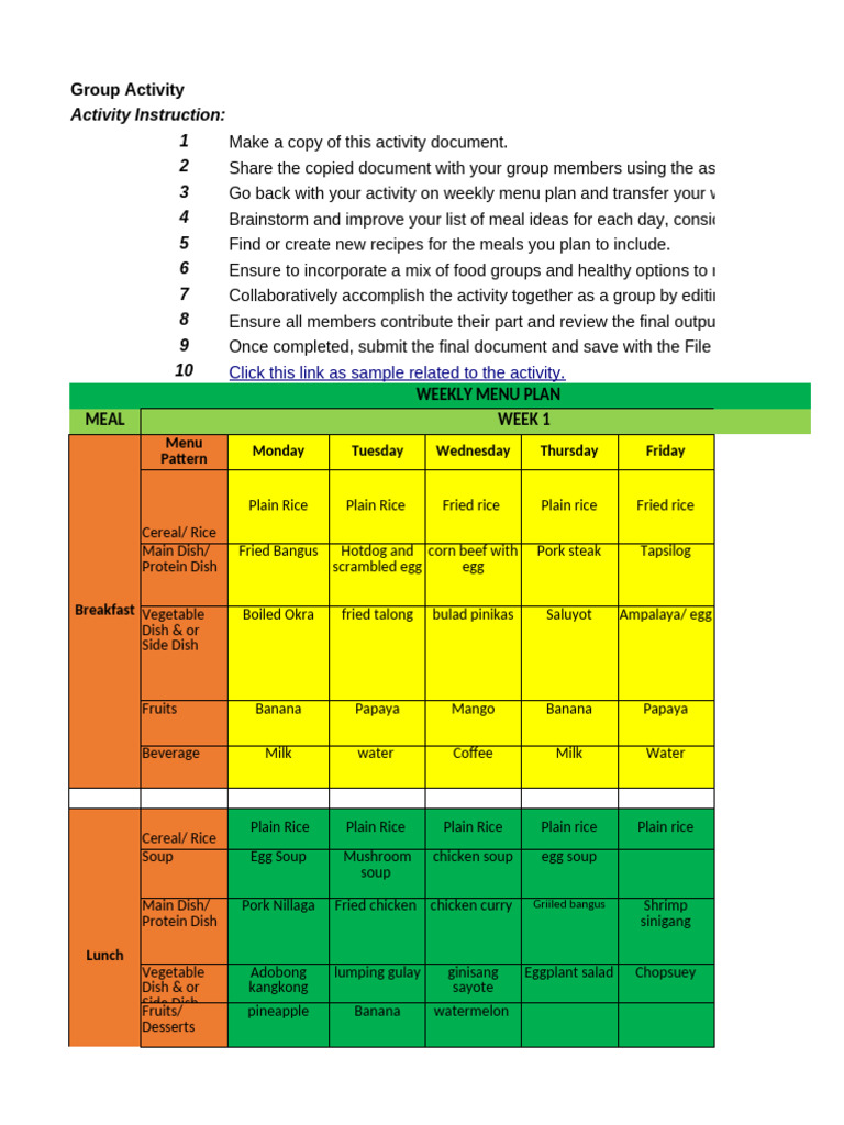 Weekly Menu Planning Group Activity | PDF | Soup | Meal