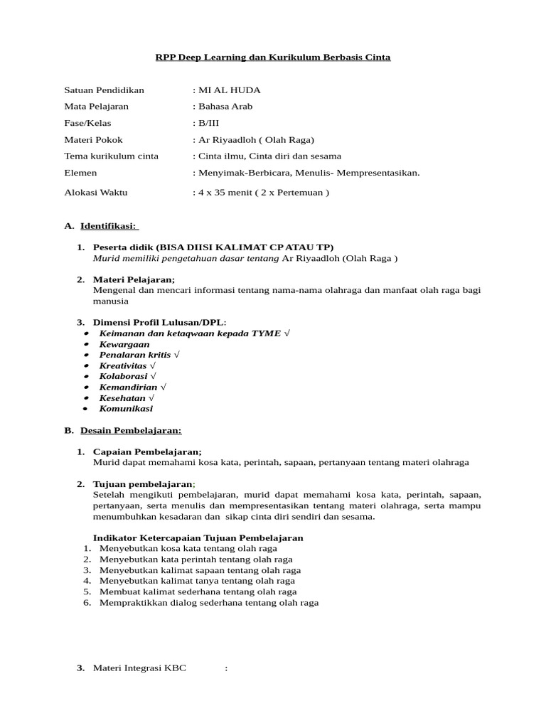 RPP Deep Learning Olahraga Berbasis Cinta | PDF