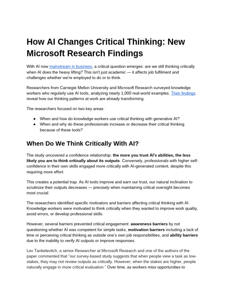 AI's Impact on Critical Thinking Skills | PDF | Artificial Intelligence ...