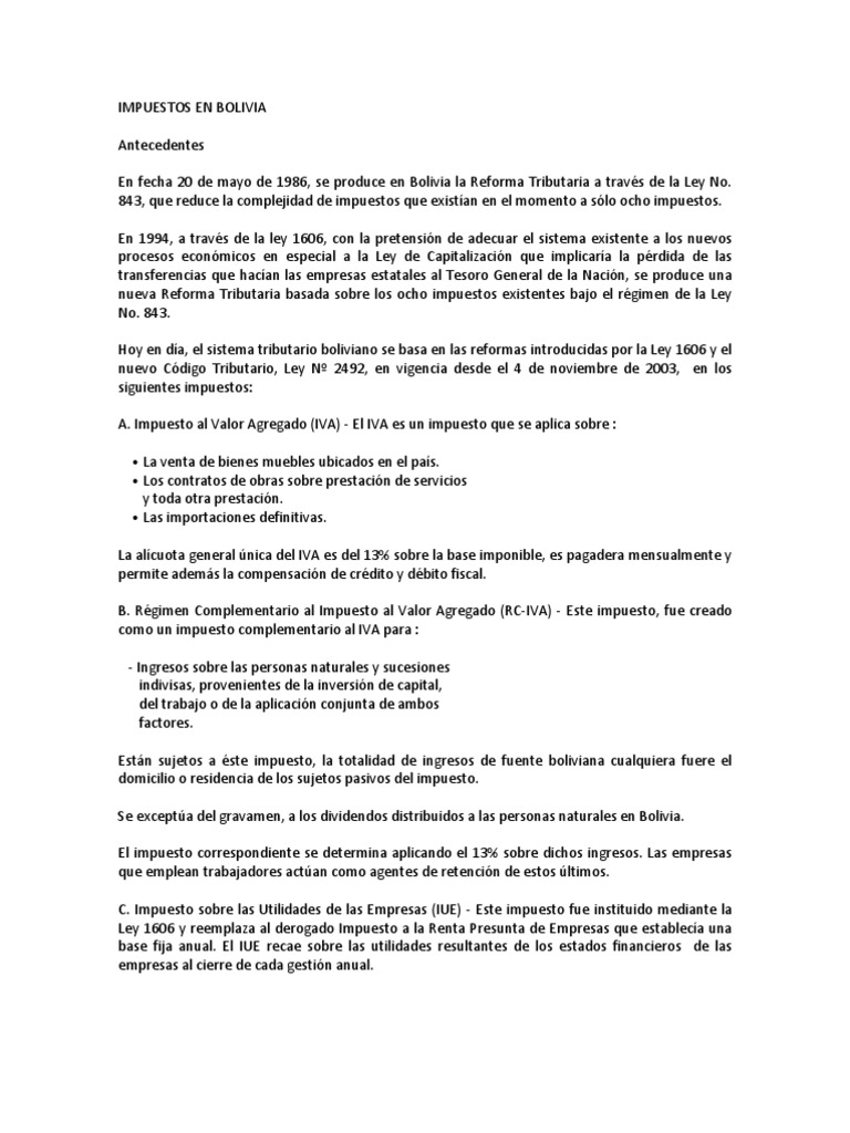 Impuestos y Reformas en Bolivia | PDF | Impuesto al valor agregado ...