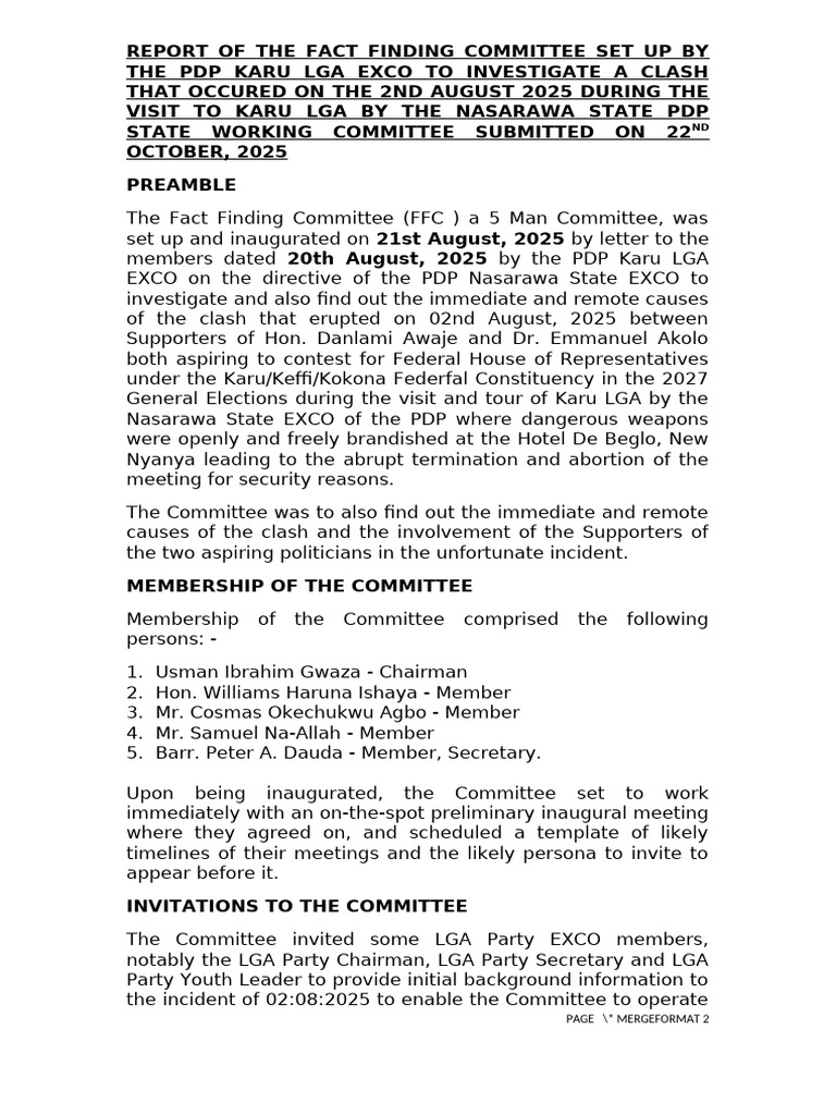 PDP Karu LGA Clash Investigation Report | PDF