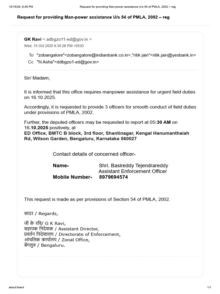 Request for Providing Man-power Assistance U_s 54 of PMLA, 2002 – Reg Y ...