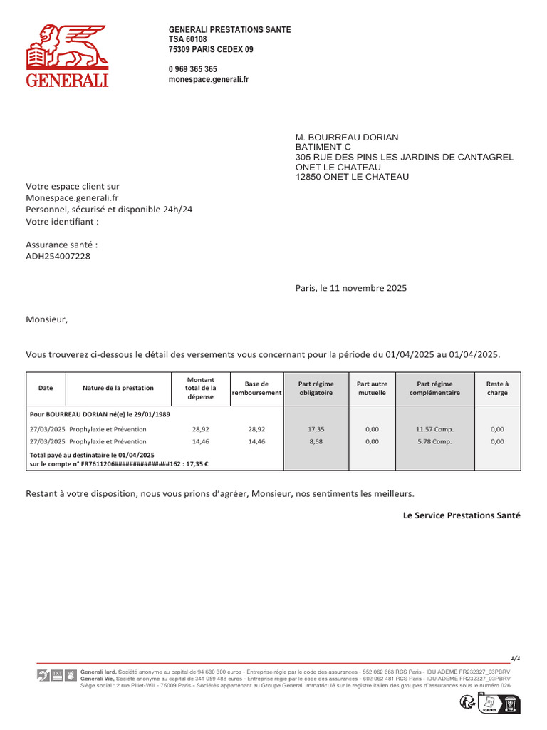 Détails des versements santé Generali | PDF