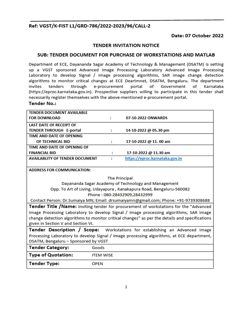 Tender for Workstations at DSATM | PDF | Legal Tender | Prices