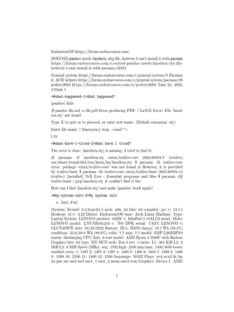 Fixing Pandoc lmodern.sty Error on Arch | PDF | Computer Architecture ...