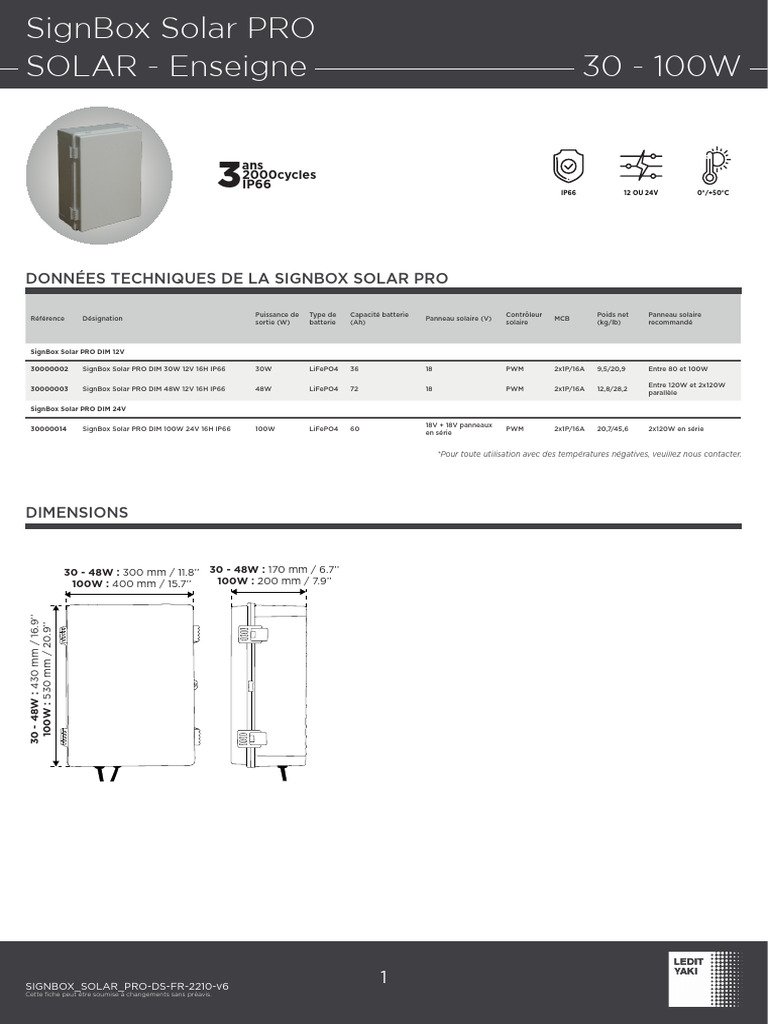 Fiche technique SignBox Solar PRO 30-100W | PDF