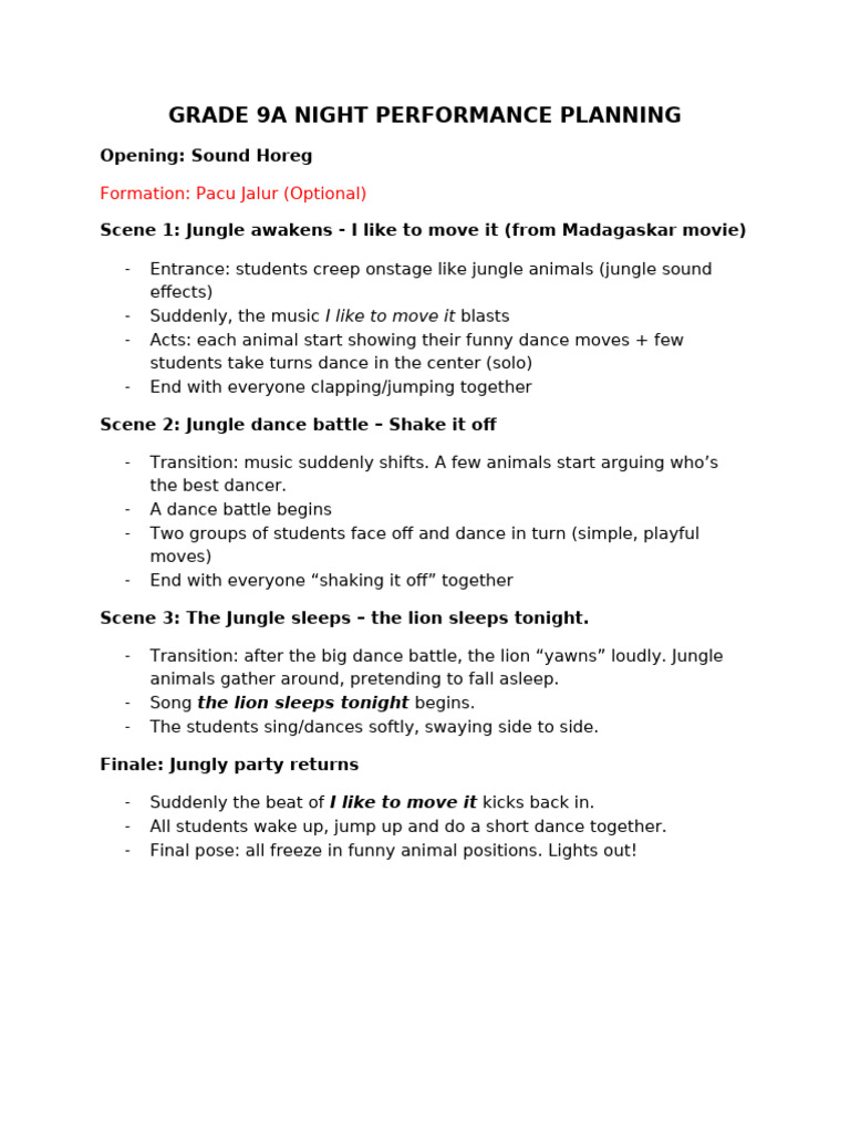 Grade 9a Night Performance Planning | PDF