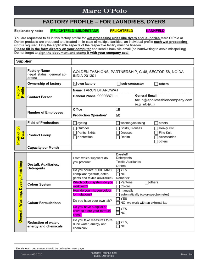 Factory Profile for Laundries and Dyers | PDF | Dyeing | Dye