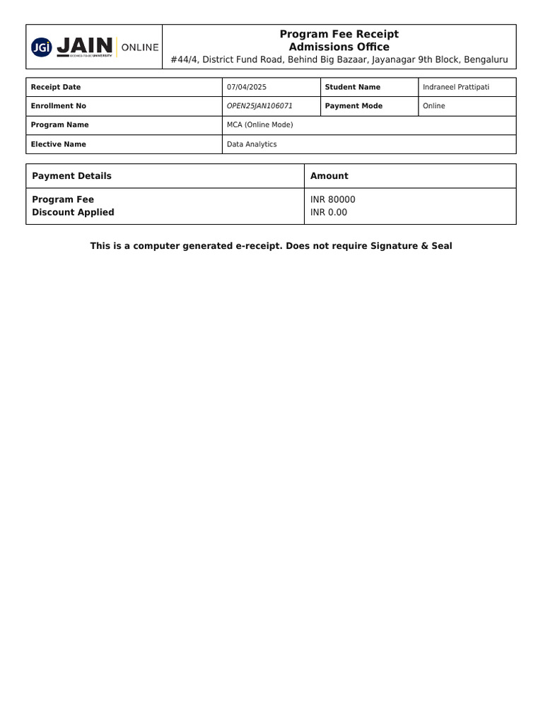 Program Fees Receipt OPEN25JAN106071 | PDF