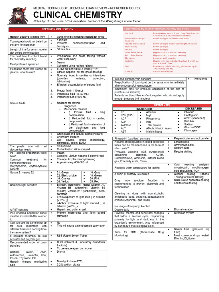 Clinical Chemistry Exam Review Notes | PDF | Blood Plasma | High ...