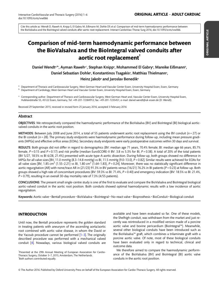 Comparison of Mid-Term Haemodynamic Performance Between The BioValsalva ...