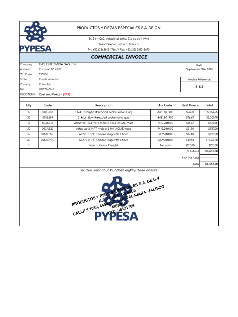 Commercial Invoice for Gas Valves and Adapters | PDF | Plumbing ...