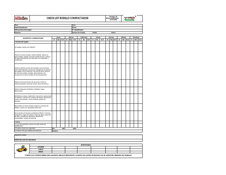 Checklist de Inspección Rodillo Compactador | PDF | Vehículos ...