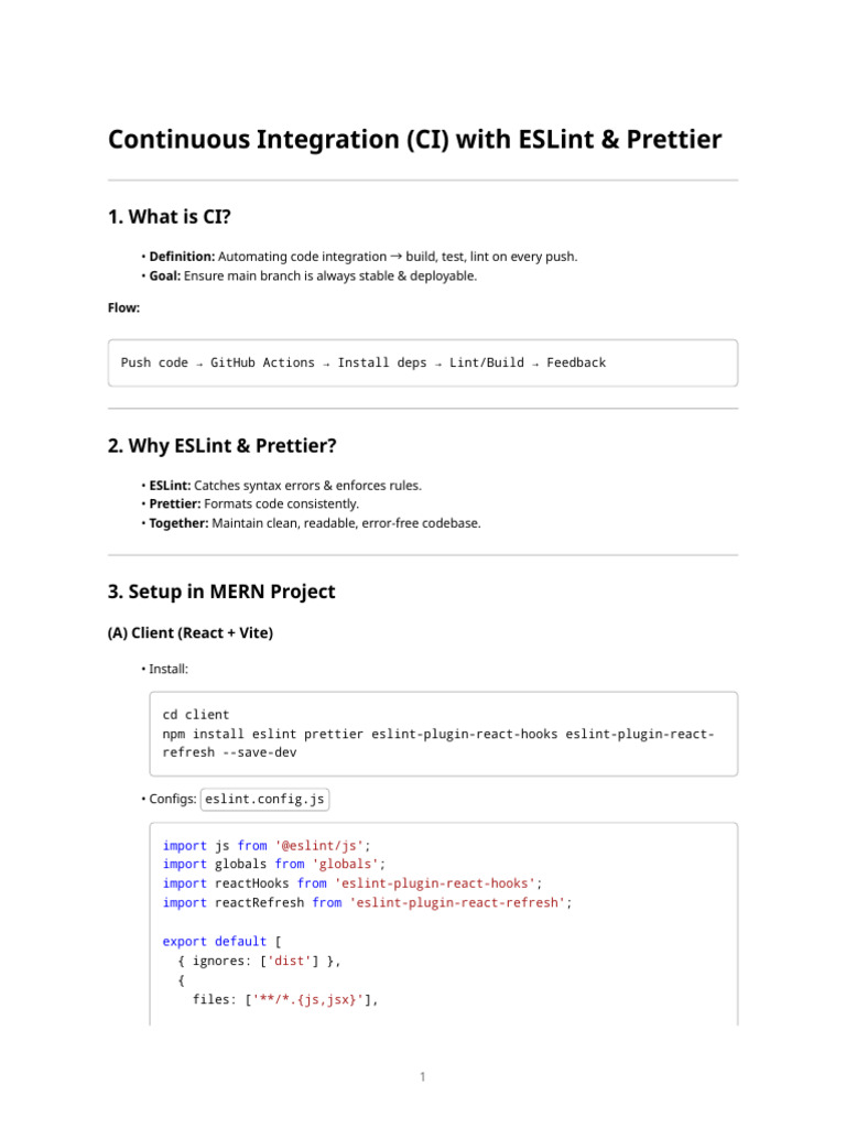 CI Setup with ESLint & Prettier in MERN | PDF | Software Development ...