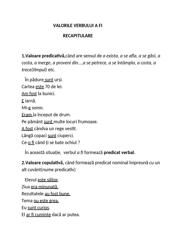 VALORILE VERBULUI A FI-recapitulare - Clasa A 6 A | PDF