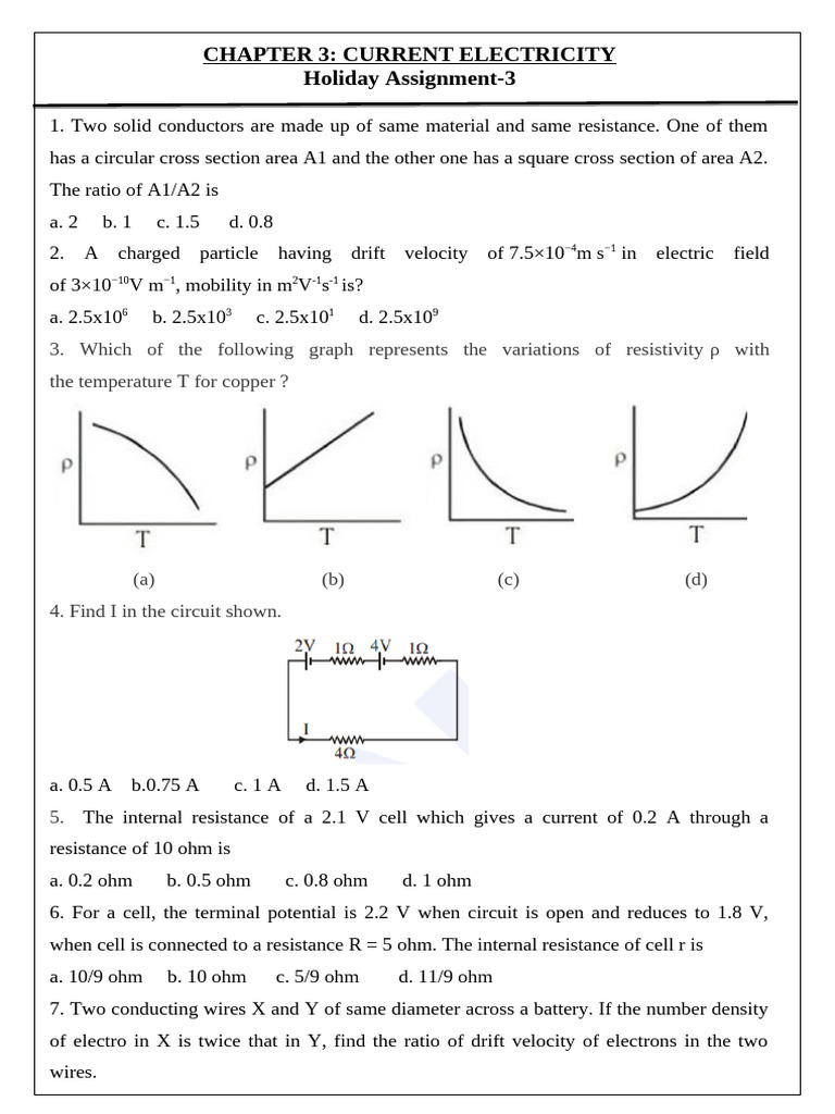 XII Phy - CH 3 - Holiday Assignment | PDF | Series And Parallel ...