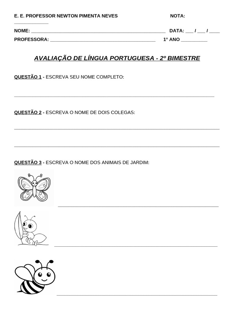 Avaliação de Língua Portuguesa 1º Ano | PDF