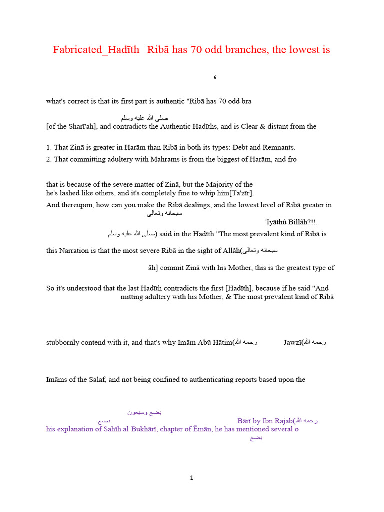 Fabricated Hadith on Ribā Explained | PDF | Hadith | Islamic Philosophy