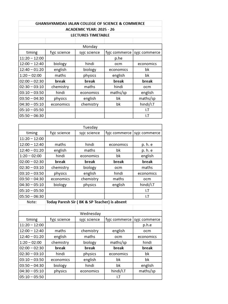 Ghanshyamdas Jalan College Timetable 2025 | PDF