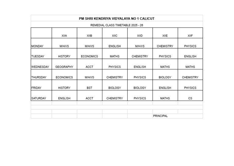 Remedial Class Timetable 2025-26 | PDF