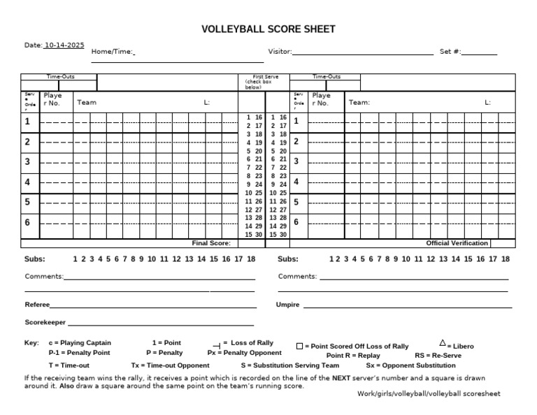 Volleyball Score Sheet Template | PDF | Volleyball | Referee