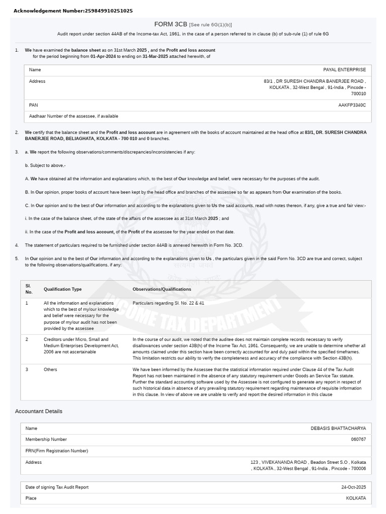 Income Tax Audit Report for Payal Enterprise | PDF | Payments | Expense