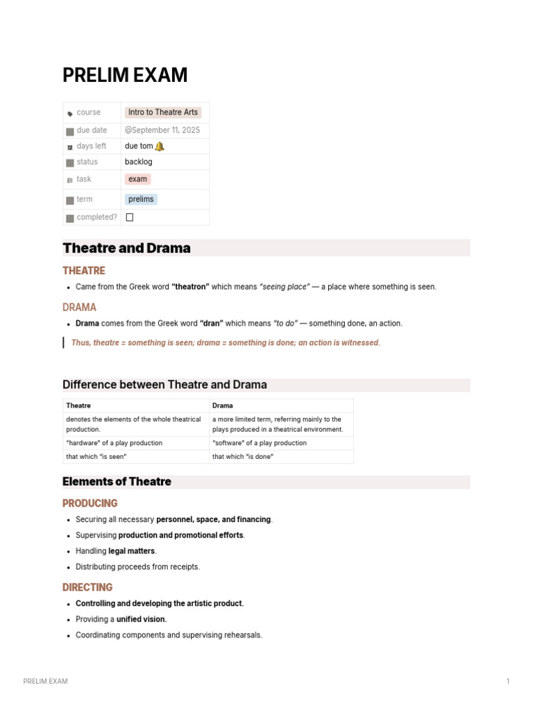 Theatre Arts Prelim Exam Overview | PDF | Theatre | Plot (Narrative)