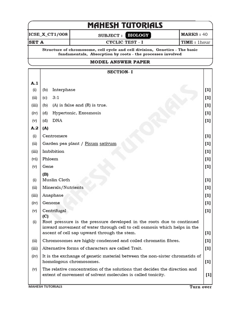 Biology ICSE Cyclic Test Set A Answers | PDF | Chromosome | Ploidy