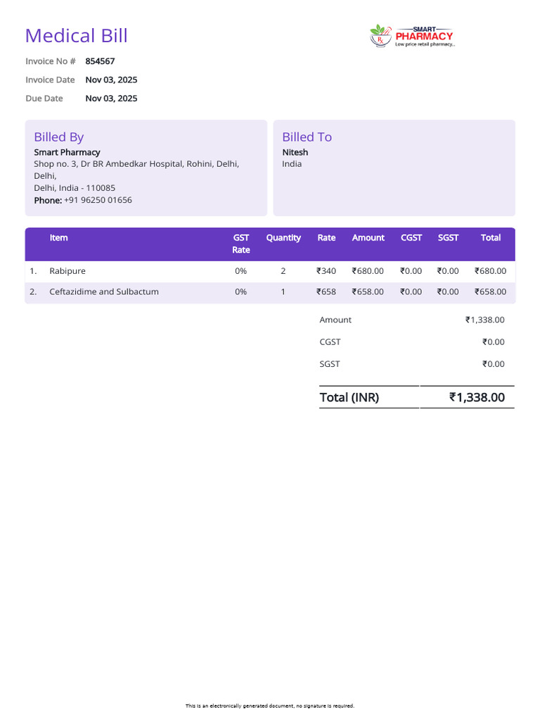 Medical Bill Invoice from Smart Pharmacy | PDF