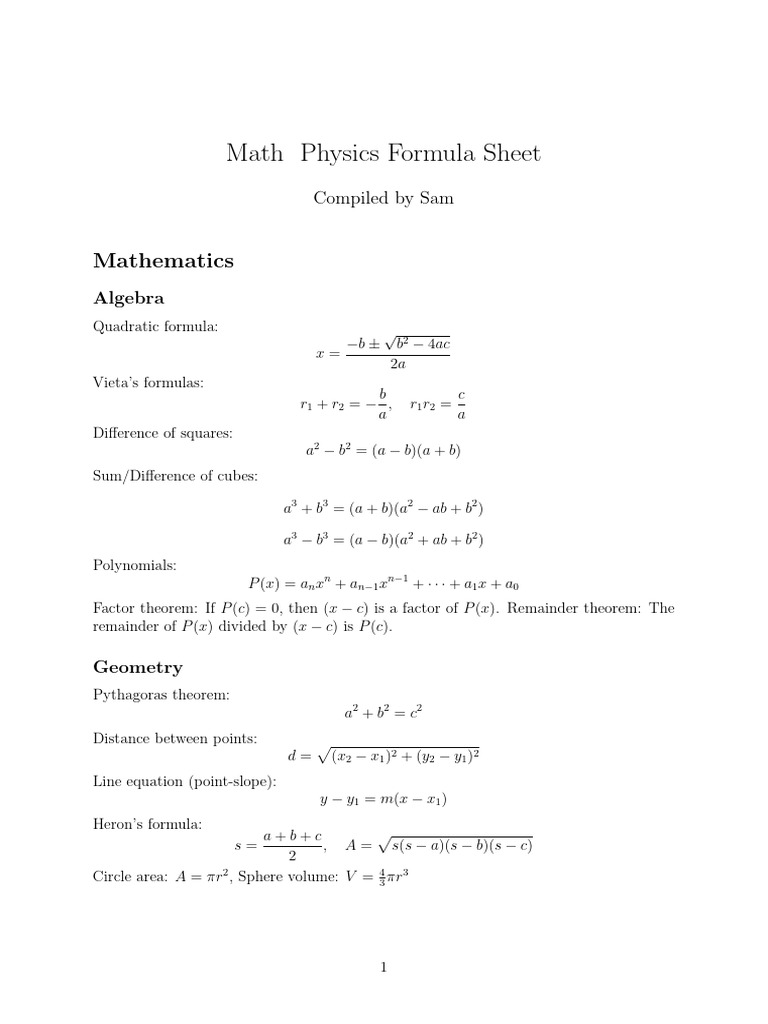 Math Physics Formulas Latex (1) | PDF | Formula | Mathematics