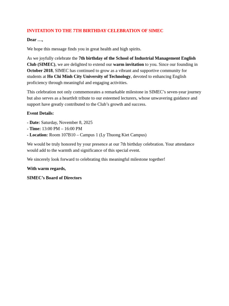 Invitation To The 7th Birthday Celebration of Simec | PDF