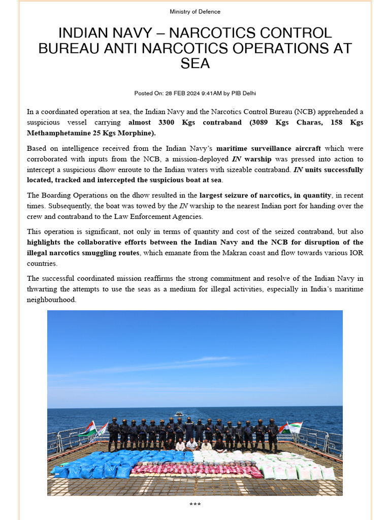 Indian Navy Seizes 3300 Kgs of Narcotics | PDF
