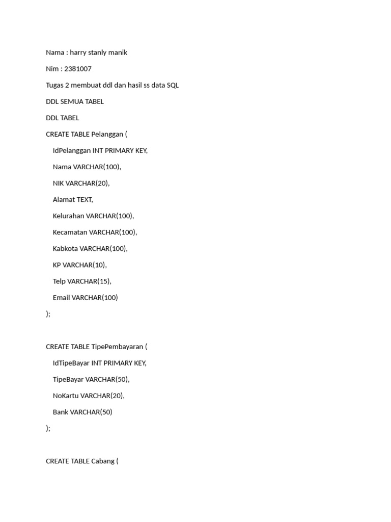 DDL dan Struktur Tabel SQL Rental Mobil | PDF