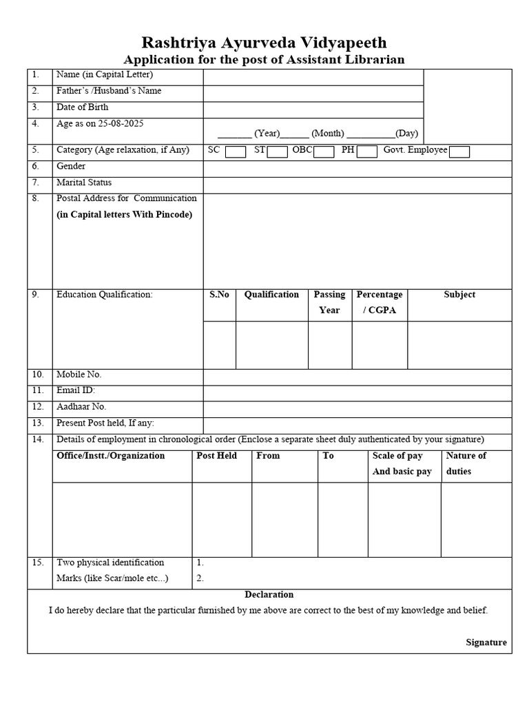 Assistant Librarian Application Form | PDF