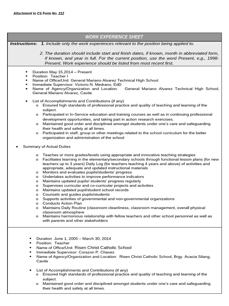 Teacher Work Experience Sheet | PDF | Teachers | Curriculum