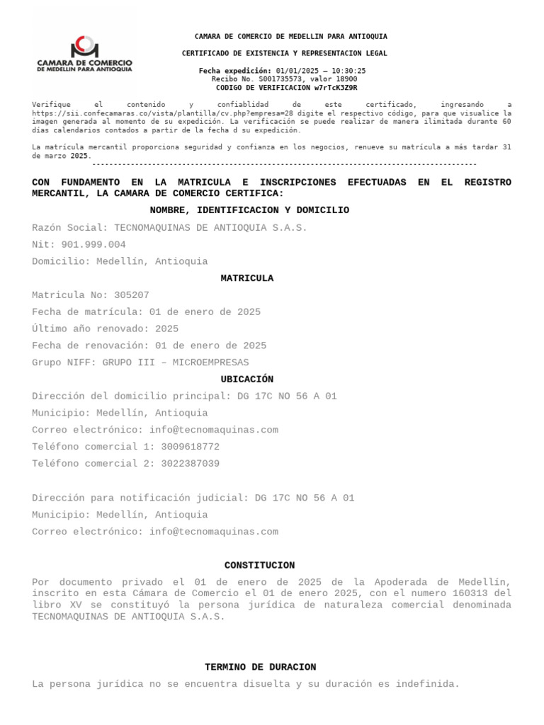 Certificado de Existencia TECNOMAQUINAS S.A.S. | PDF