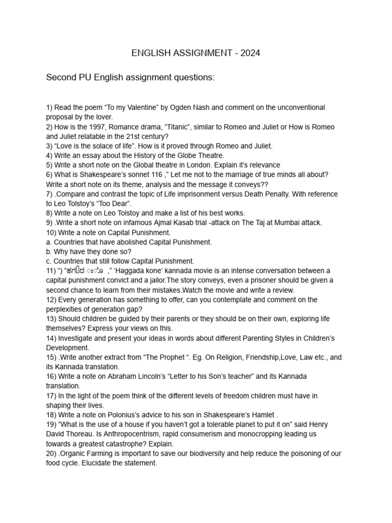 English Assignment Topics for 2024 | PDF