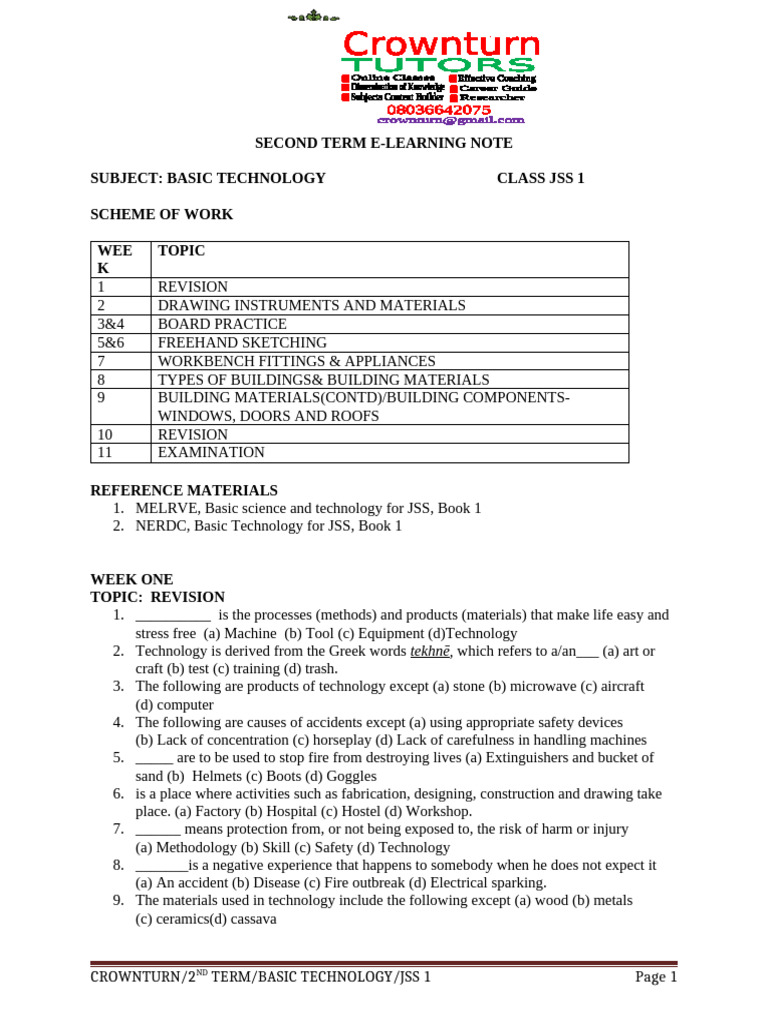JSS 1 Basic Technology E-Learning Notes | PDF | Door | Roof