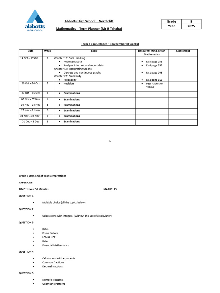 Grade 8 Math Term Planner 2025 | PDF | Mathematics | Geometry