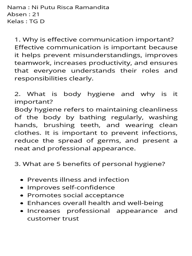 Importance of Hygiene and Communication | PDF