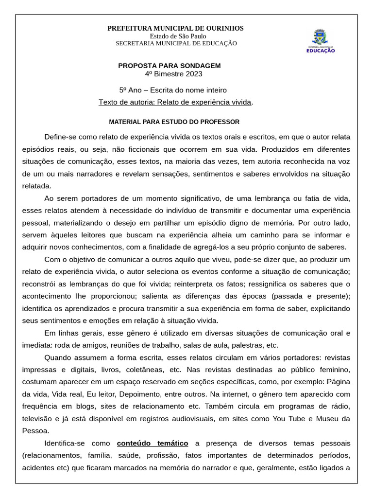 Relato de Experiência Vivida no 5º Ano | PDF | Experiência | Comunicação