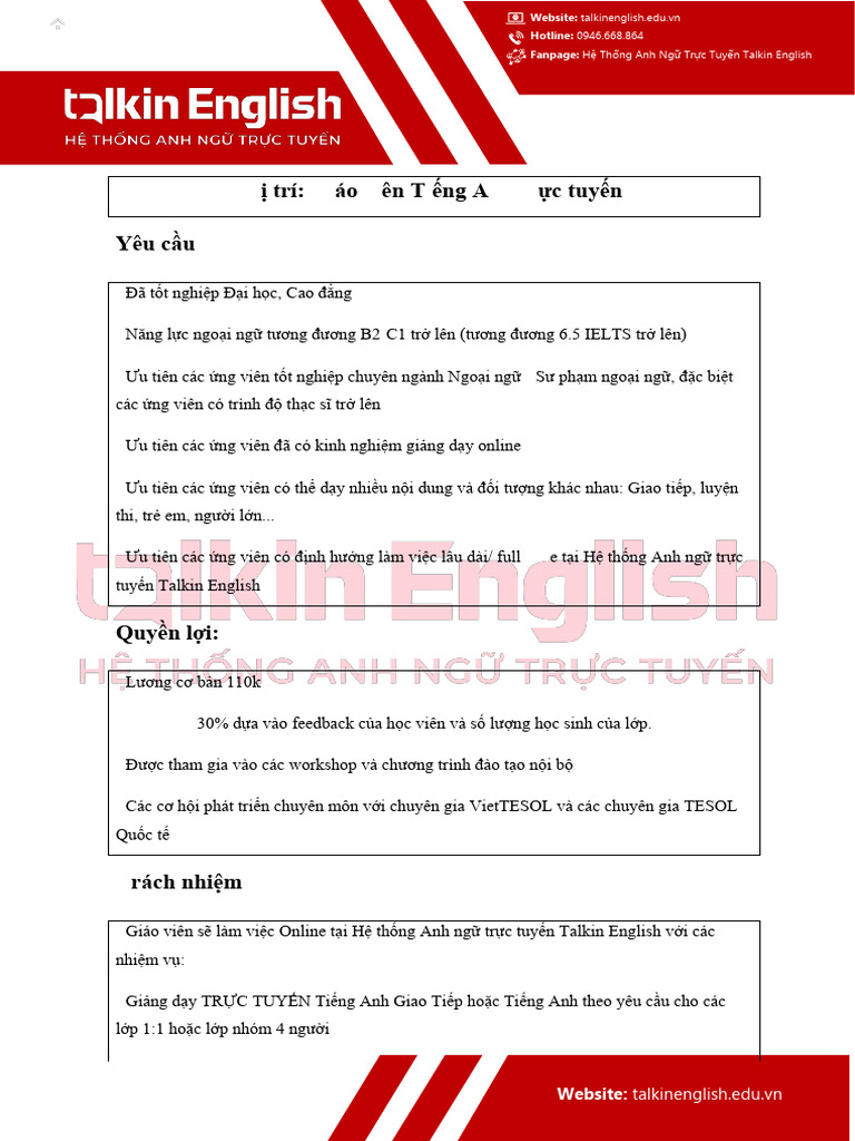 JD Giáo Viên Part Time | PDF