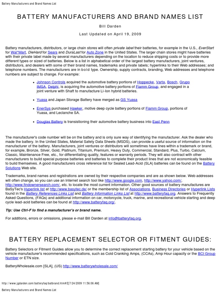 Battery Manufacturers And Brand Names List Pdf Energy Storage