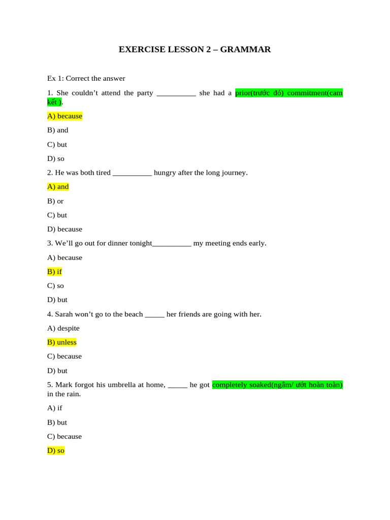 Grammar Exercise Lesson 2 | PDF
