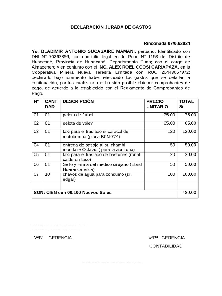 Declaración Jurada de Gastos 2024 | PDF