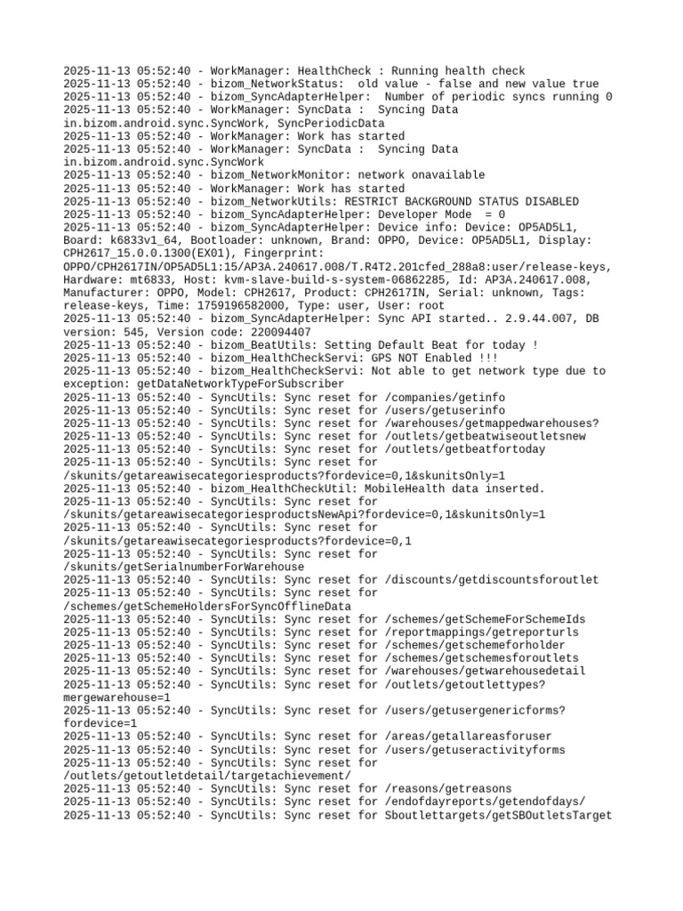 Bizom Sync Data Health Check Logs | PDF | Android (Robot) | Java ...