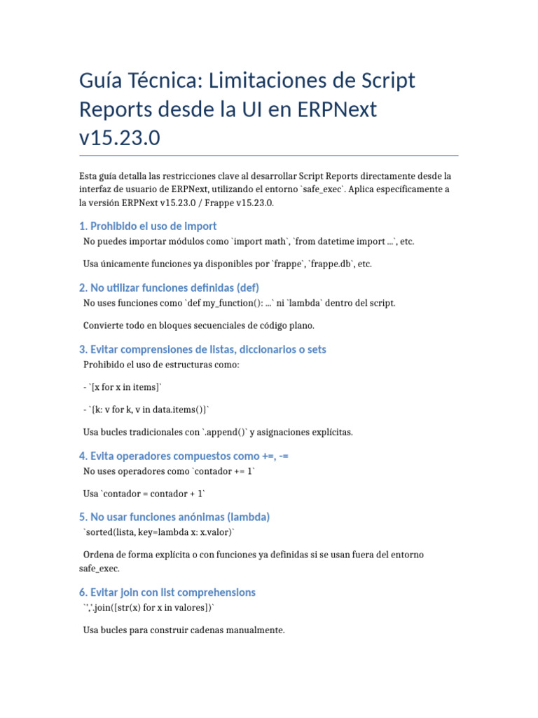 Guia Limitaciones Script Report ERPNext v15.23 | PDF