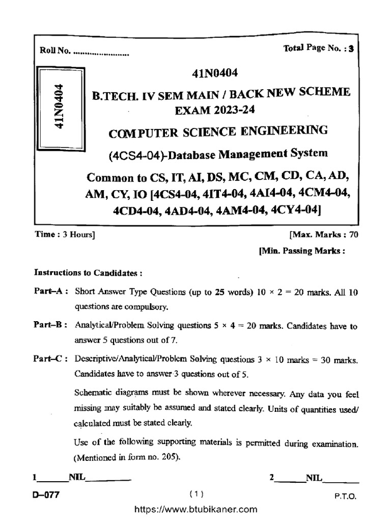 Btech Cs 4 Sem Database Management System 41n0404 2024 | PDF