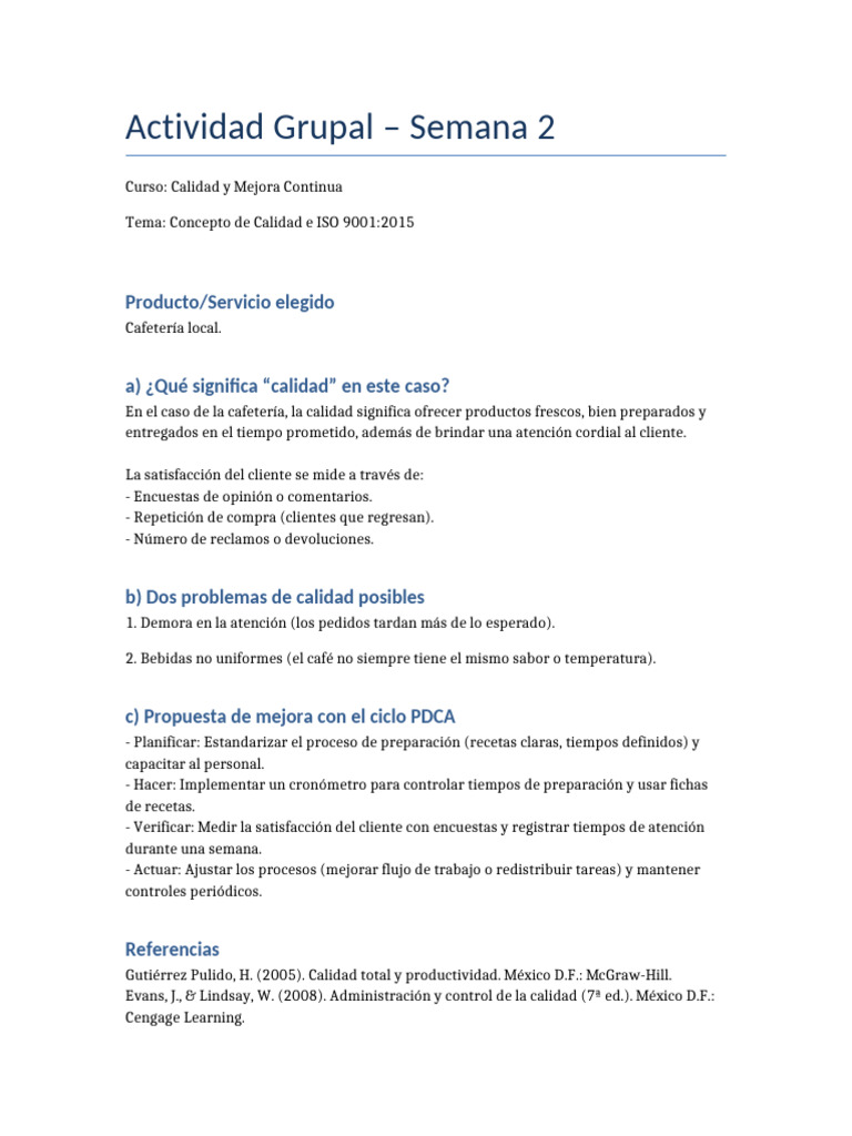Mejora de Calidad en Cafeterías ISO 9001 | PDF